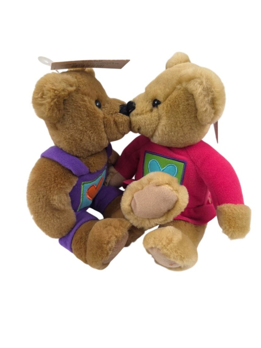 Hallmark Plush Love & Kiss Kiss Bear Pair Brown Magnetic Noses Purple Pink